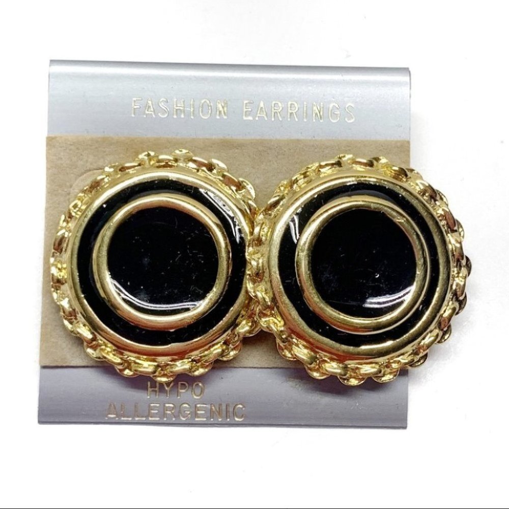 •- H. W. Designs Vintage Earrings Black Circle z56
